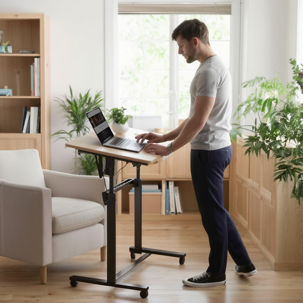 Bureau pour ordinateur portable réglable en hauteur avec plateau rotatif et roulettes